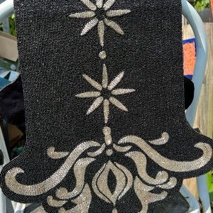 Beaded Dresser Scarf 30.5” length Black and Silver